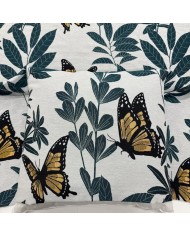 Tissu Jacquard Double Tissage Polyester Coton Papillons Ocre Feuillages Vert Profond Sur Fond Blanc