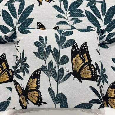 Tissu Jacquard Double Tissage Polyester Coton Papillons Ocre Feuillages Vert Profond Sur Fond Blanc