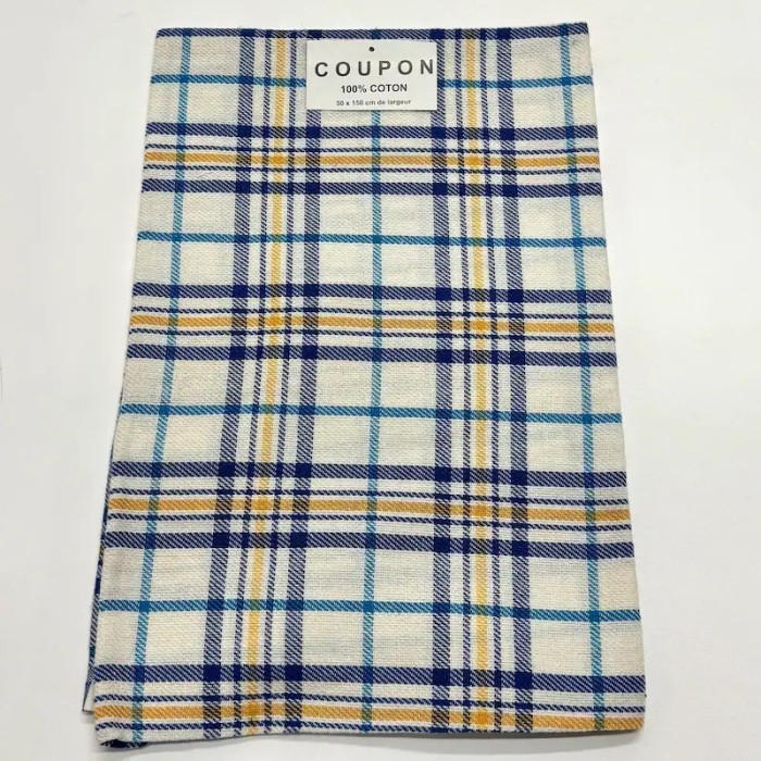 Coupon 100% Coton 50x150 Carreaux Marine/ Bleu Clair/ Moutarde sur Écru