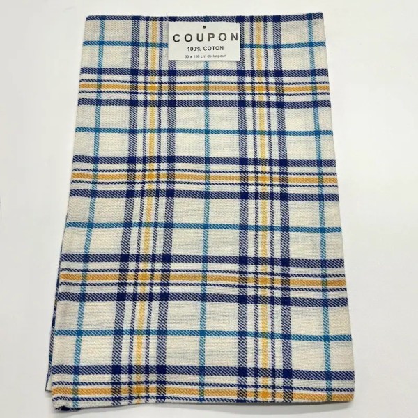 Coupon 100% Coton 50x150 Carreaux Marine/ Bleu Clair/ Moutarde sur Écru