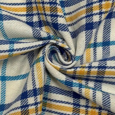 Coupon 100% Coton 300cm x150cm Carreaux Marine/ Bleu Clair/ Moutarde sur Écru