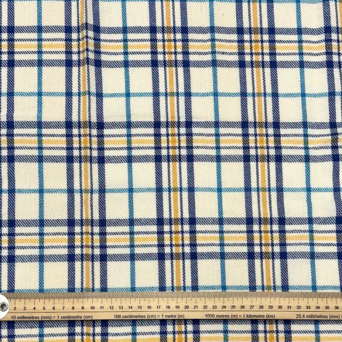 Coupon 100% Coton 300cm x150cm Carreaux Marine/ Bleu Clair/ Moutarde sur Écru