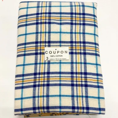 Coupon 100% Coton 300cm x150cm Carreaux Marine/ Bleu Clair/ Moutarde sur Écru