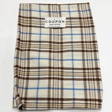 Coupon 100% Coton 50cm x150cm Carreaux Brun/ Bleu Clair/ Beige sur Écru