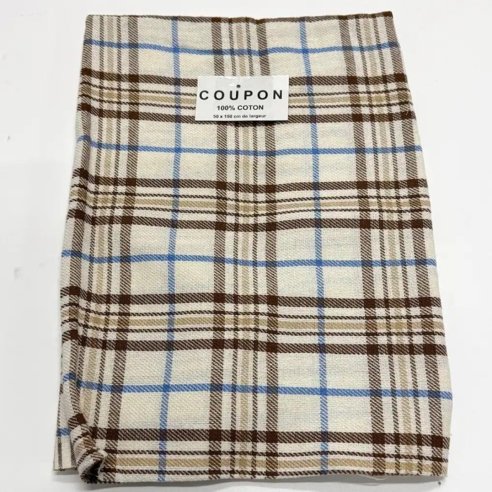 Coupon 100% Coton 50cm x150cm Carreaux Brun/ Bleu Clair/ Beige sur Écru