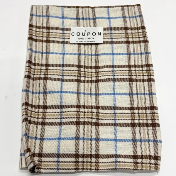Coupon 100% Coton 50cm x150cm Carreaux Brun/ Bleu Clair/ Beige sur Écru