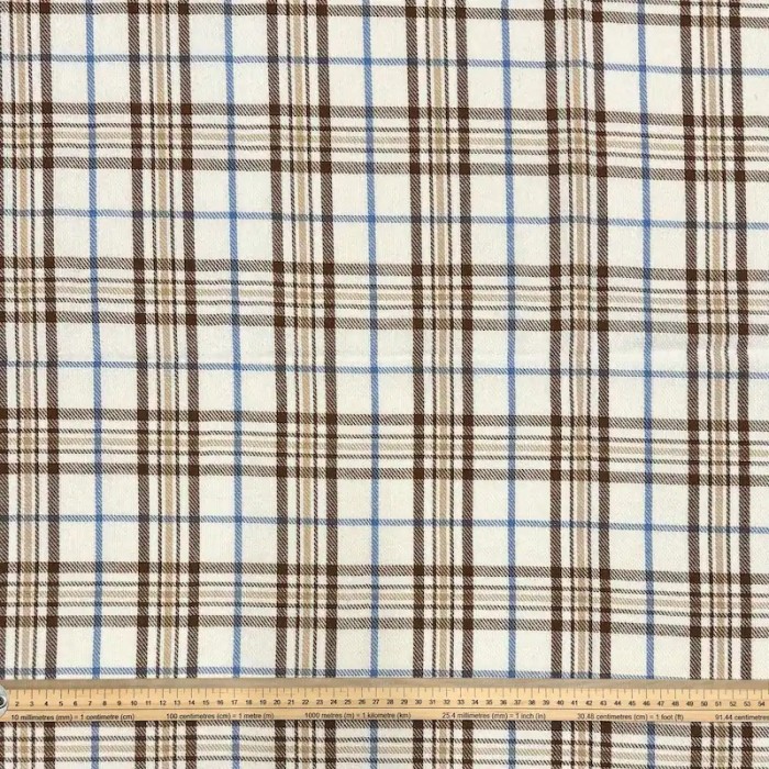 Coupon 100% Coton 50cm x150cm Carreaux Brun/ Bleu Clair/ Beige sur Écru
