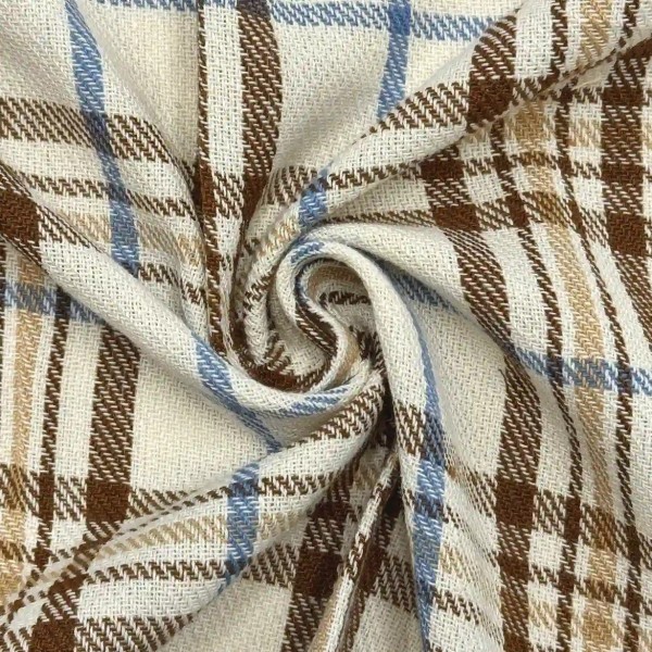 Coupon 100% Coton 300cm x150cm Carreaux Brun/ Bleu Clair/ Beige sur Écru