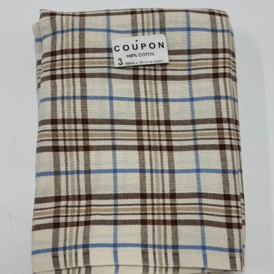 Coupon 100% Coton 300cm x150cm Carreaux Brun/ Bleu Clair/ Beige sur Écru