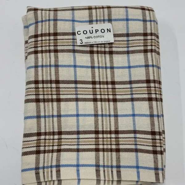 Coupon 100% Coton 300cm x150cm Carreaux Brun/ Bleu Clair/ Beige sur Écru