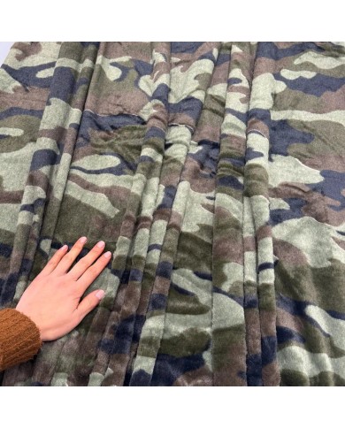 Tissu Doudou Polyester Camouflage Kaki  - Coupon 300cm x150cm
