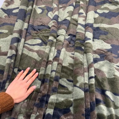 Tissu Doudou Polyester Camouflage Kaki  - Coupon 300cm x150cm