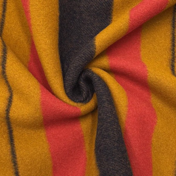 Tissu Laine Polyamide Épais Grands Rayures Ocre Corail Marine Foncé