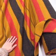 Tissu Laine Polyamide Épais Grands Rayures Ocre Corail Marine Foncé