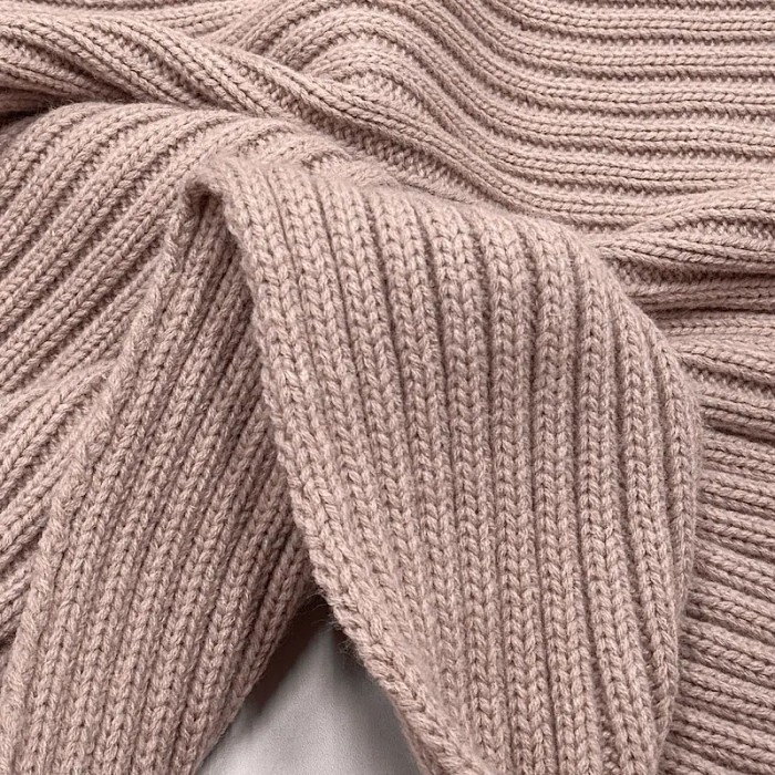 Tissu Maille Polyester Acrylique Grosse Côtes Épais Rose Poudré Uni