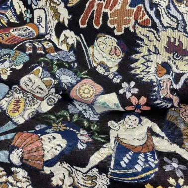 Tissu jacquard polyester coton sumo noir multi-couleurs