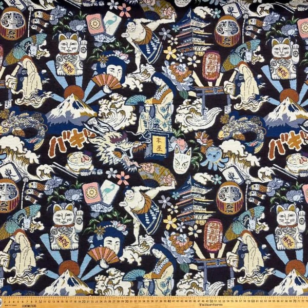 Tissu jacquard polyester coton sumo noir multi-couleurs Tissu jacquard polyester coton sumo noir multi-couleurs