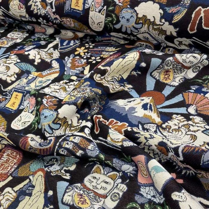 Tissu jacquard polyester coton sumo noir multi-couleurs Tissu jacquard polyester coton sumo noir multi-couleurs
