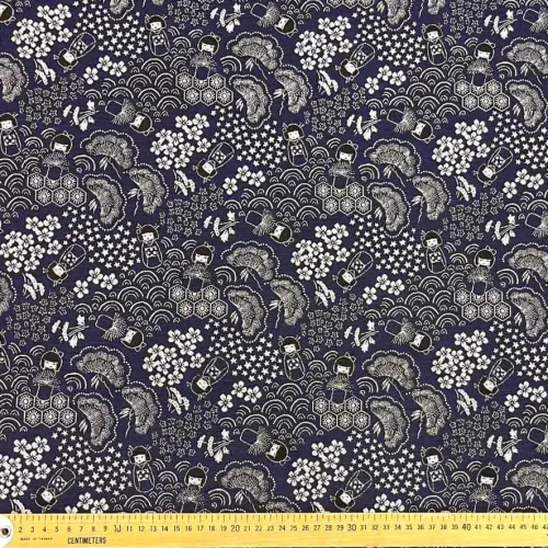 Tissu jacquard polyester coton japonais Kokeshi & Sakura bleu
