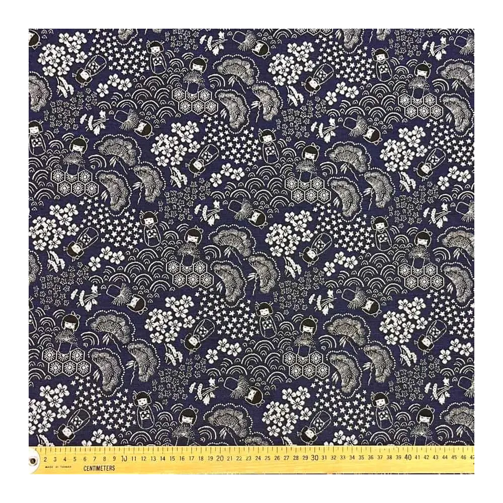 Tissu jacquard polyester coton japonais Kokeshi & Sakura bleu