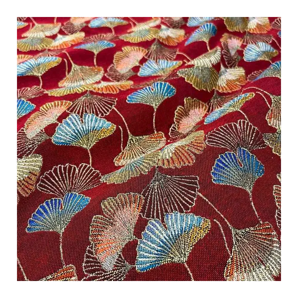 Tissu jacquard polyester japonais ginkgo rouge