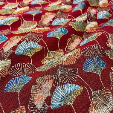 Tissu jacquard polyester japonais ginkgo rouge