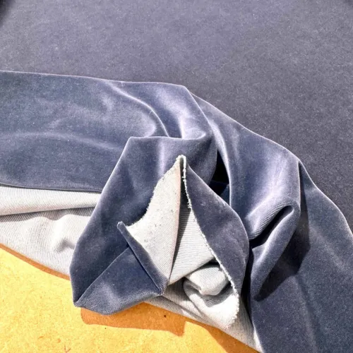 Tissu jersey coton polyester velours bleu marine uni - Marque française