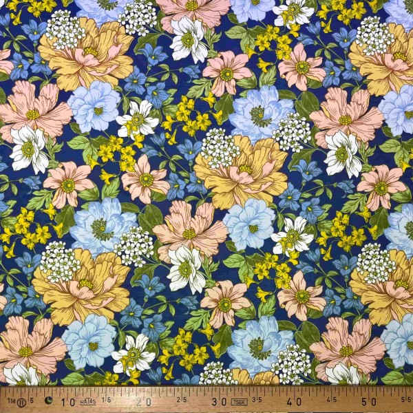 Tissu coton imprimé Johanna bleu marine multi couleur Tissu coton imprimé Johanna bleu marine multi couleur