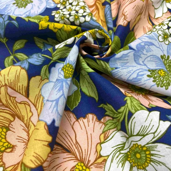 Tissu coton imprimé Johanna bleu marine multi couleur Tissu coton imprimé Johanna bleu marine multi couleur