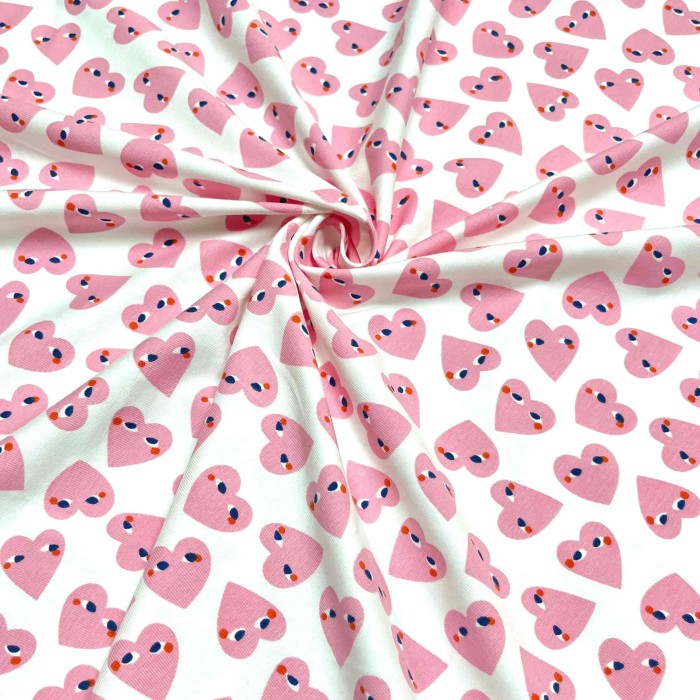 Tissu jersey coton élasthanne Coeur blanc rose Tissu jersey coton élasthanne Coeur blanc rose