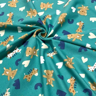 Tissu jersey coton élasthanne Girafe / ourson turquoise