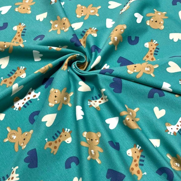 Tissu jersey coton élasthanne Girafe / ourson turquoise Tissu jersey coton élasthanne Girafe / ourson turquoise