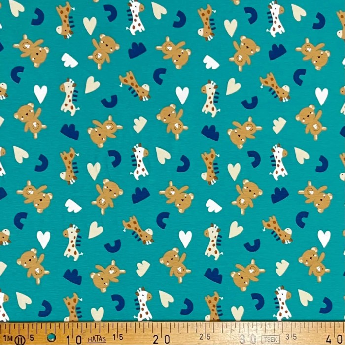 Tissu jersey coton élasthanne Girafe / ourson turquoise