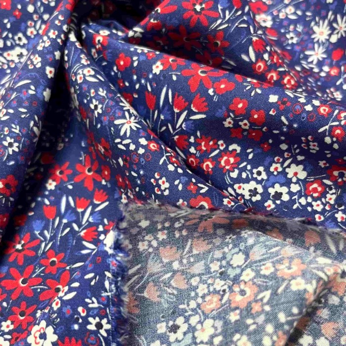 Tissu viscose Liberty bleu, rouge