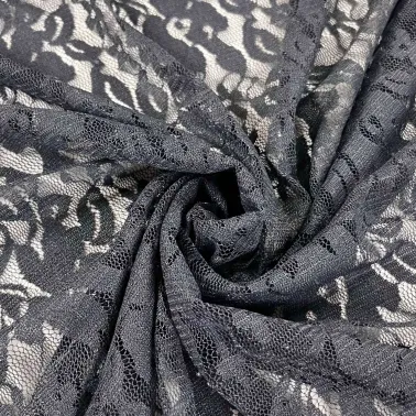 Tissu polyester dentelle fleurs gris