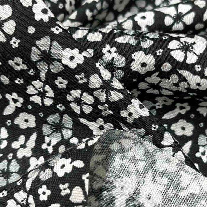 Tissu viscose petite fleurs noir blanc
