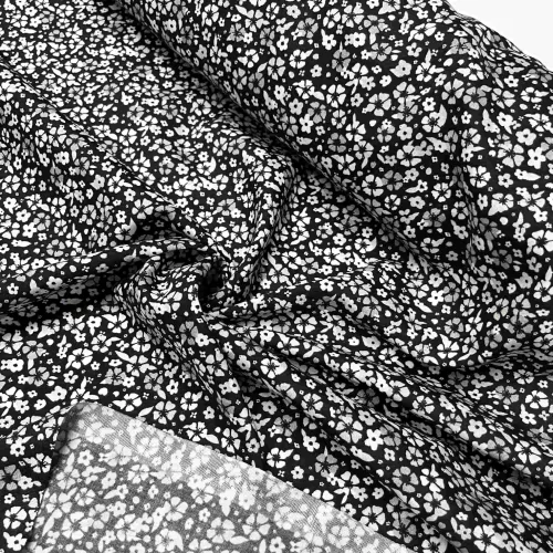 Tissu viscose petite fleurs noir blanc