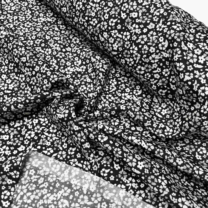 Tissu viscose petite fleurs noir blanc