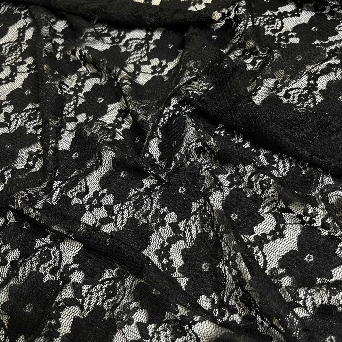 Tissu polyester dentelle fleurs noir