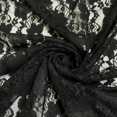Tissu polyester dentelle fleurs noir
