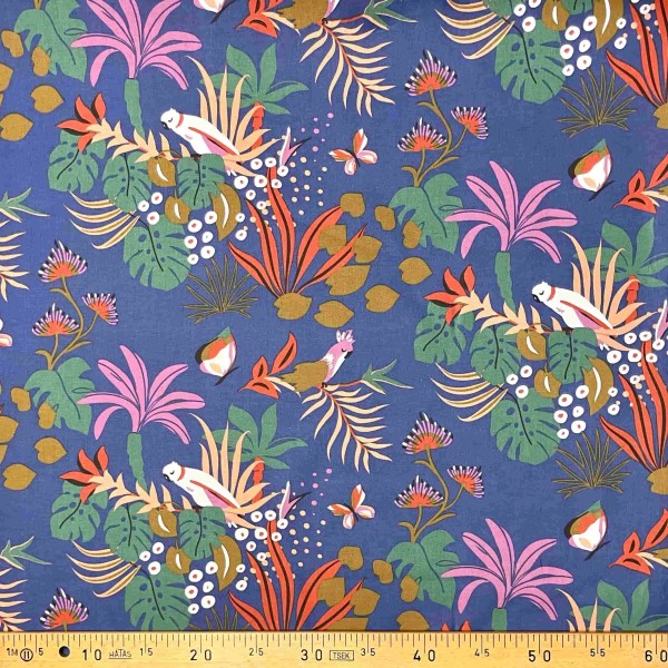 Tissu coton imprimé Papagaios bleu multi couleurs Tissu coton imprimé Papagaios bleu multi couleurs