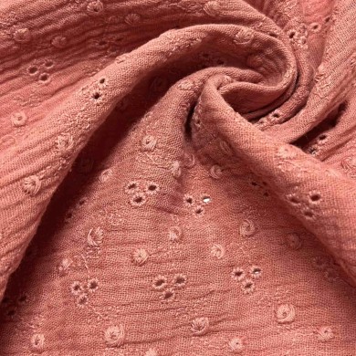 Tissu Double gaze broderie Adele corail