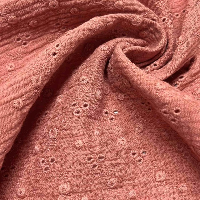 Tissu Double gaze broderie Adele corail