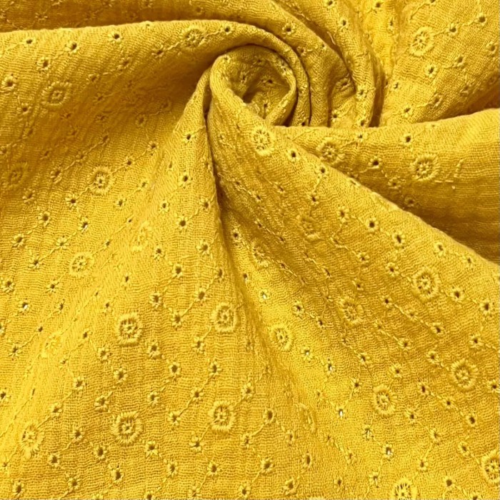 Tissu Double gaze broderie Agnes moutarde