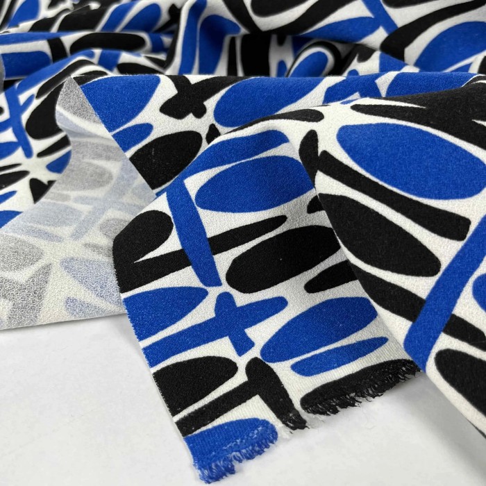 Tissu polyester cubic bleu blanc noir