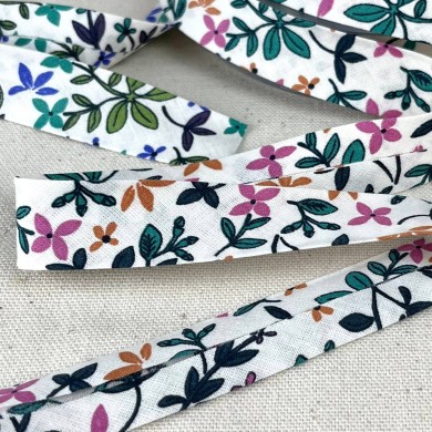Biais coton imprimé fleurs 20mm vert Biais coton imprimé fleurs 20mm vert