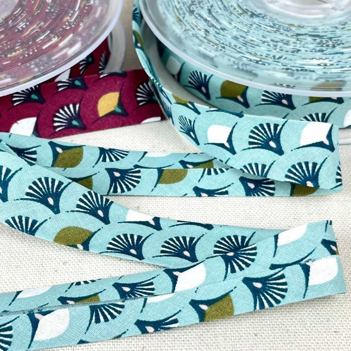 Biais coton imprimé éventail 20mm bleu