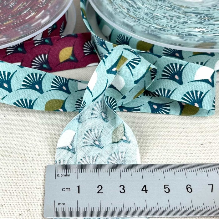 Biais coton imprimé éventail 20mm bleu