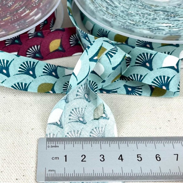 Biais coton imprimé éventail 20mm bleu Biais coton imprimé éventail 20mm bleu