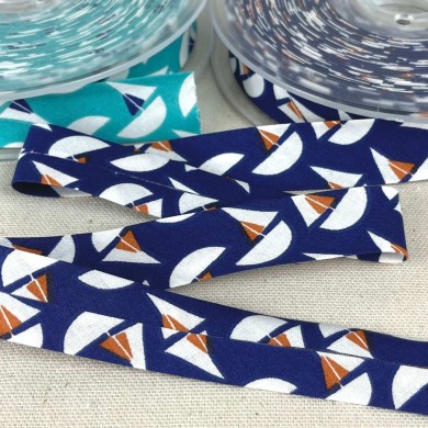 Biais coton imprimé voilier 20mm bleu